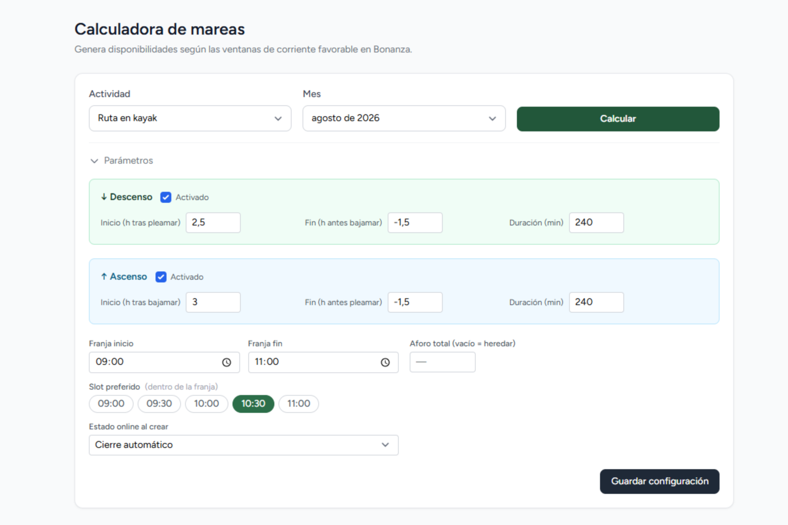 Calculadora de mareas: parámetros de descenso y ascenso, franja horaria y aforo para generar disponibilidades según las ventanas de corriente favorable