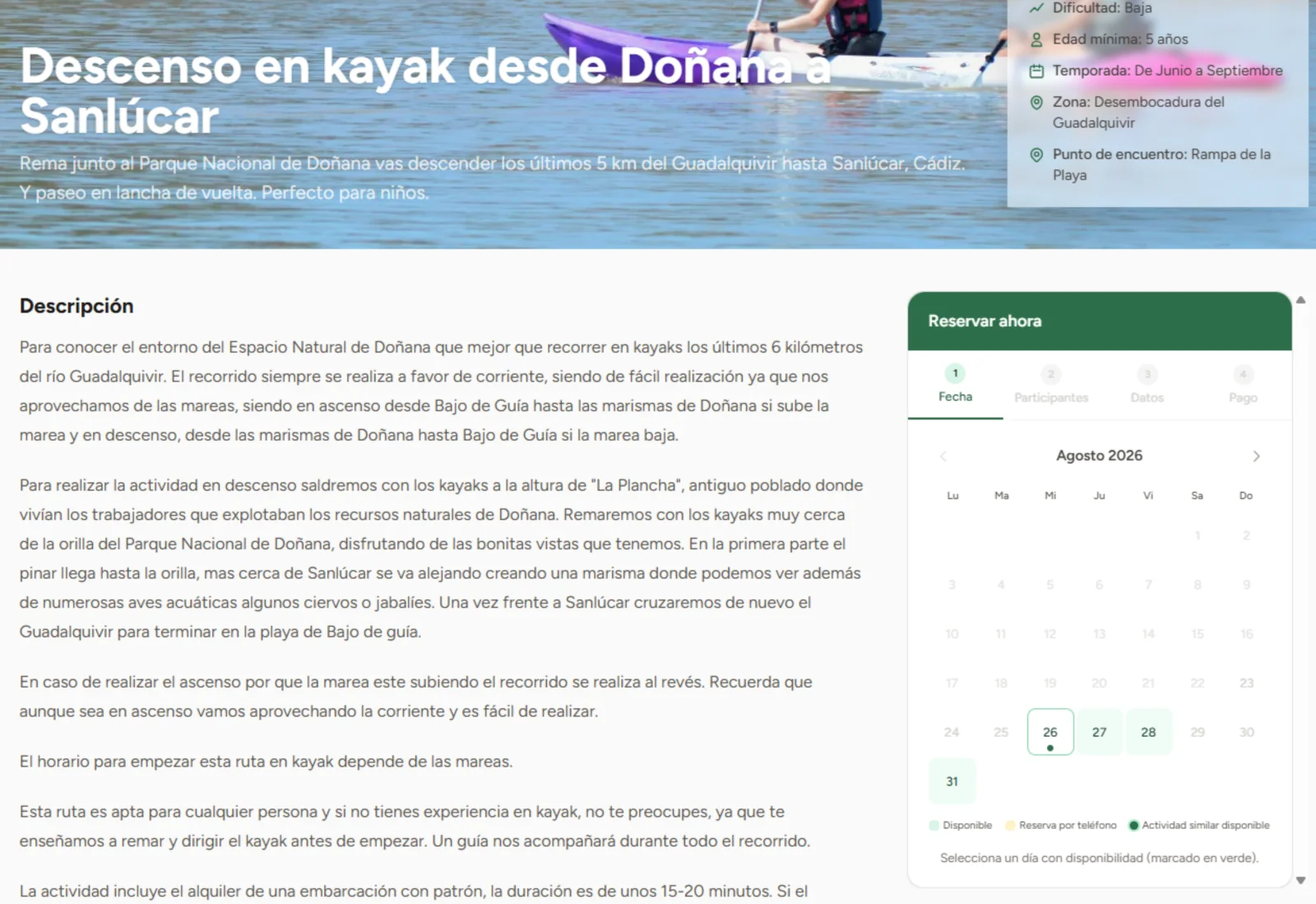 Web pública de un tenant con la ficha de una actividad y el widget de reservas abierto